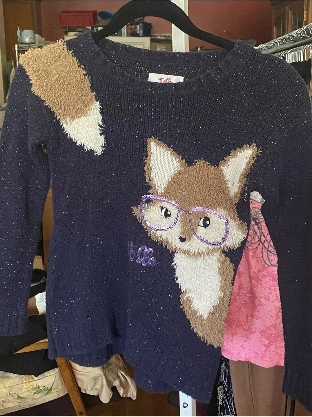 Justice Navy Fox Intarsia Sweater with Tan & White Details